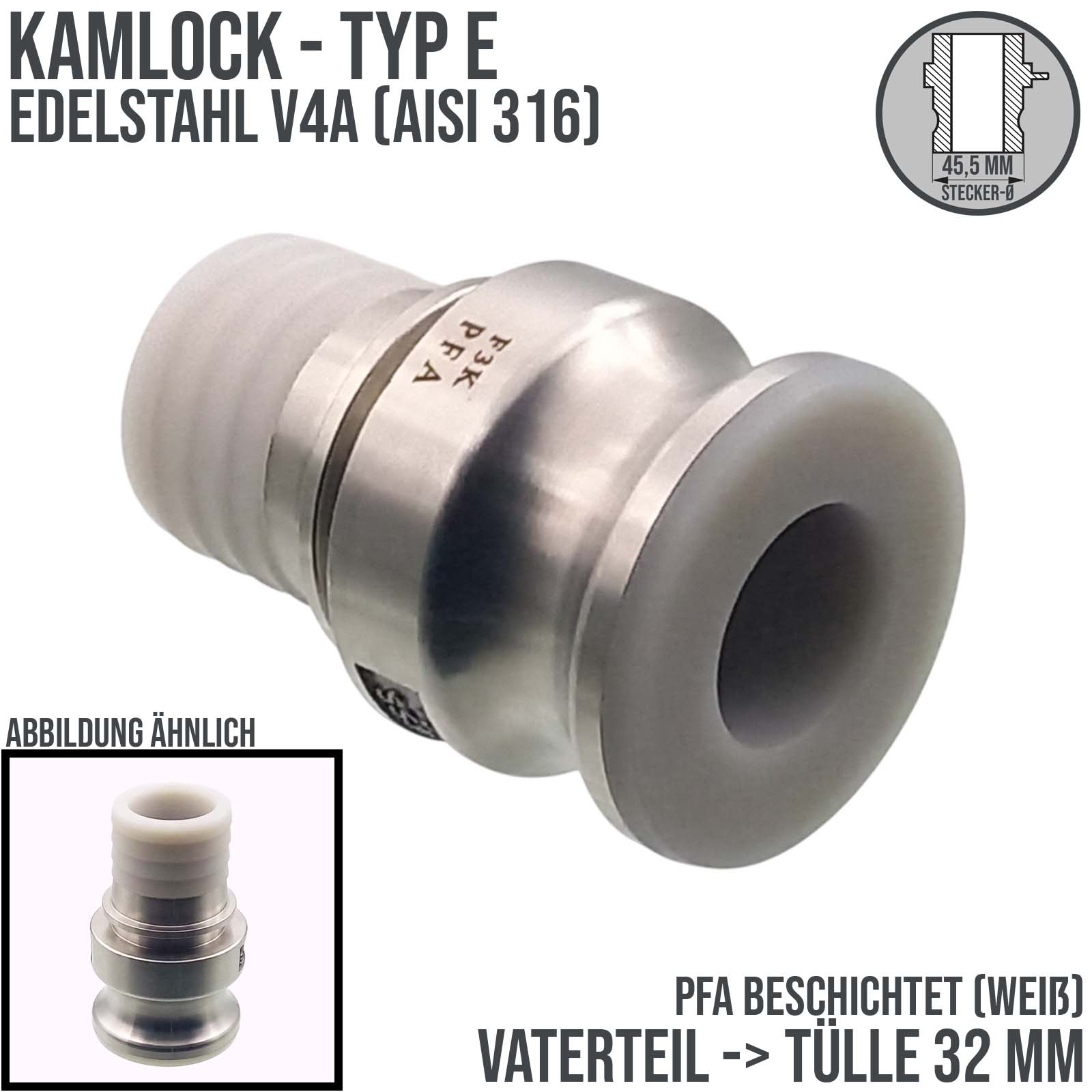 Kamlock Typ E - Vaterteil (45,5 mm) Edelstahl V2A (AISI 316) -> gerillter Stutzen DN 32 mm PFA beschichtet - PN 25 bar