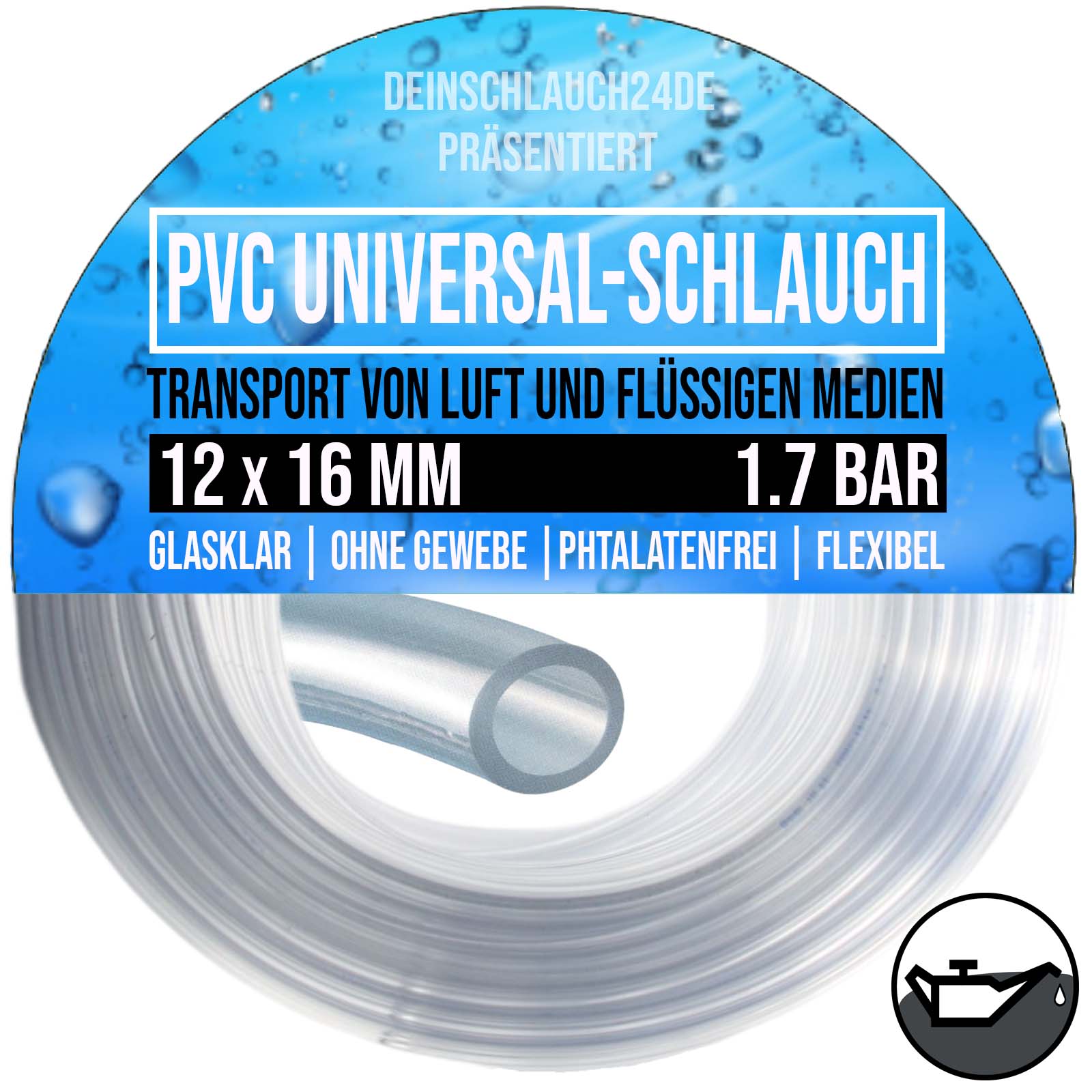 12 x 16 mm PVC Flüssigkeit Öl Luft Wasser Universal Labor Schlauch klar durchsichtig - PN 1,7 bar