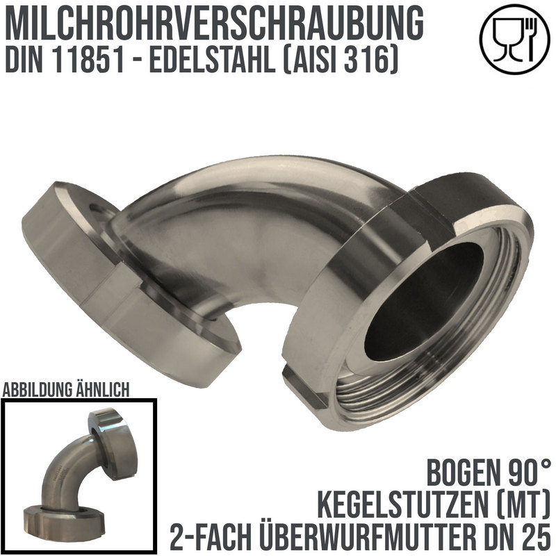 DN 25 Milchrohr Verschraubung DIN 11851 Mutterteil Kegel Stutzen 90° Bogen Innen x Innengewinde - PN 25 bar