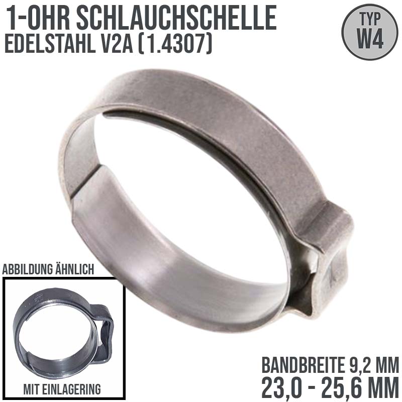 23,0 - 25,6 mm 1-Ohr Doppel Schlauch Schelle Einlagering Edelstahl 1.4307 W4 - Bandbreite 9,2 mm