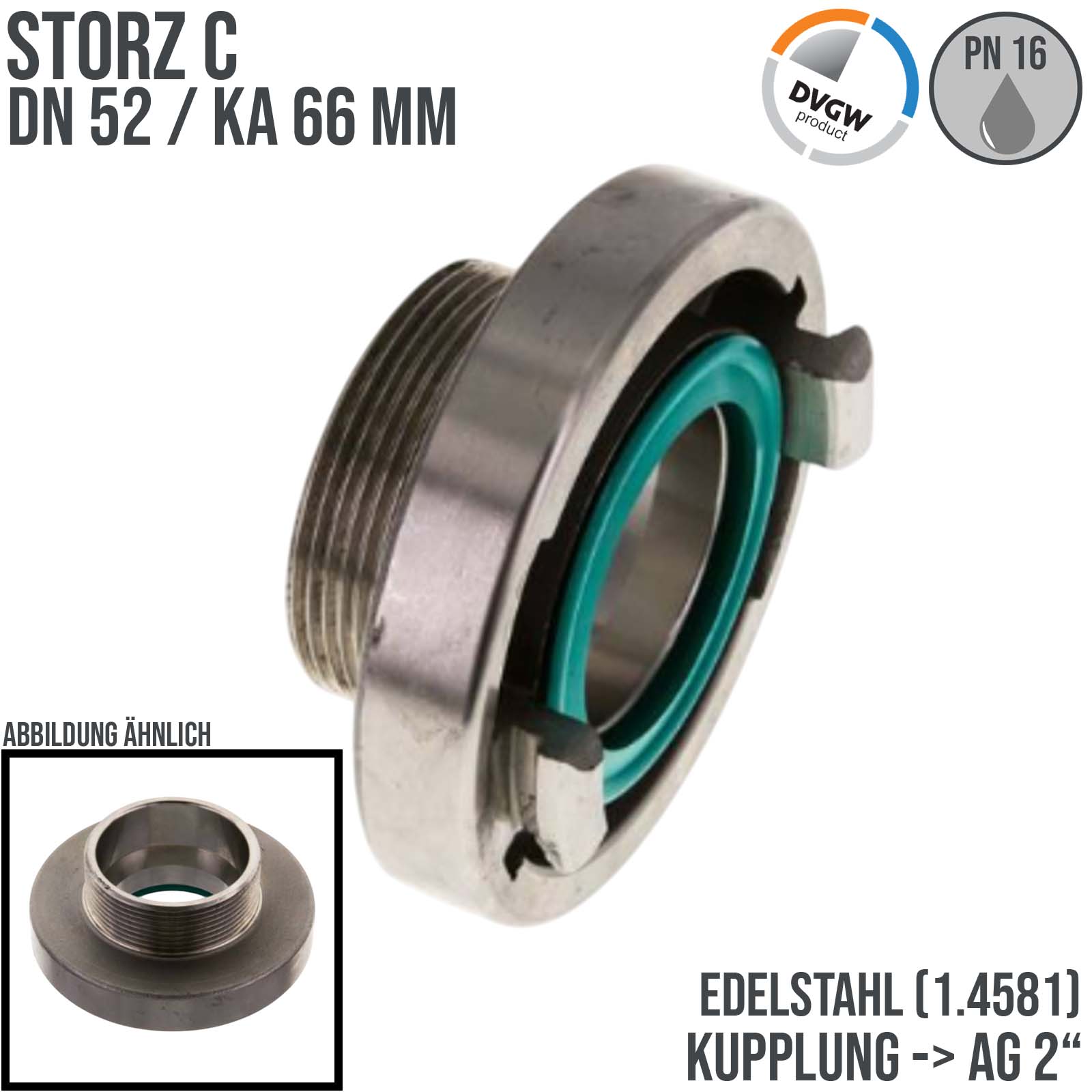 STORZ C DN 52 KA 66 V4A Kupplung mit Außengewinde (AG) 2" Saug Bau Feuerwehr Schlauch Edelstahl FKM - PN 16 bar