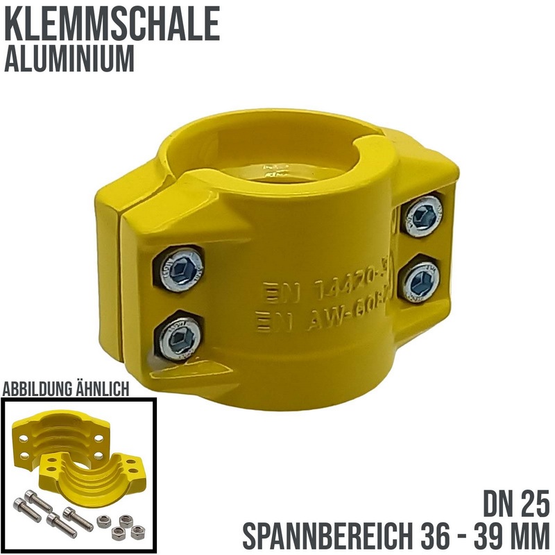 DN 25 Klemmschale Aluminium gelb Spannbereich 36 - 39 mm für Schlauch ID x AD 25 x 37 mm - PN 25 bar