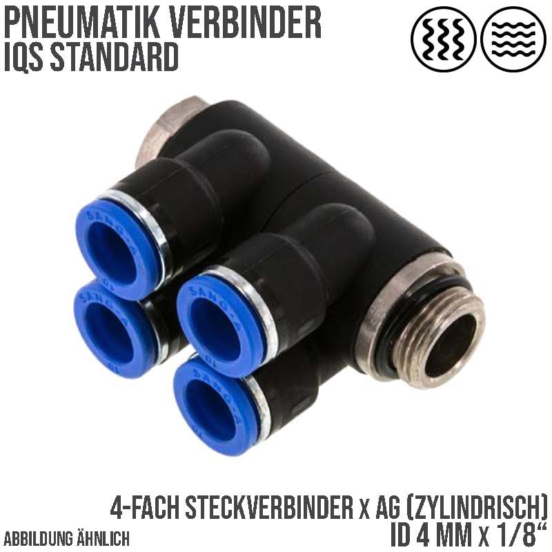 4 mm x 1/8" Pneumatik Steck Verbinder 4-fach Verteiler IQS Außengewinde zylindrisch - PN 20 bar