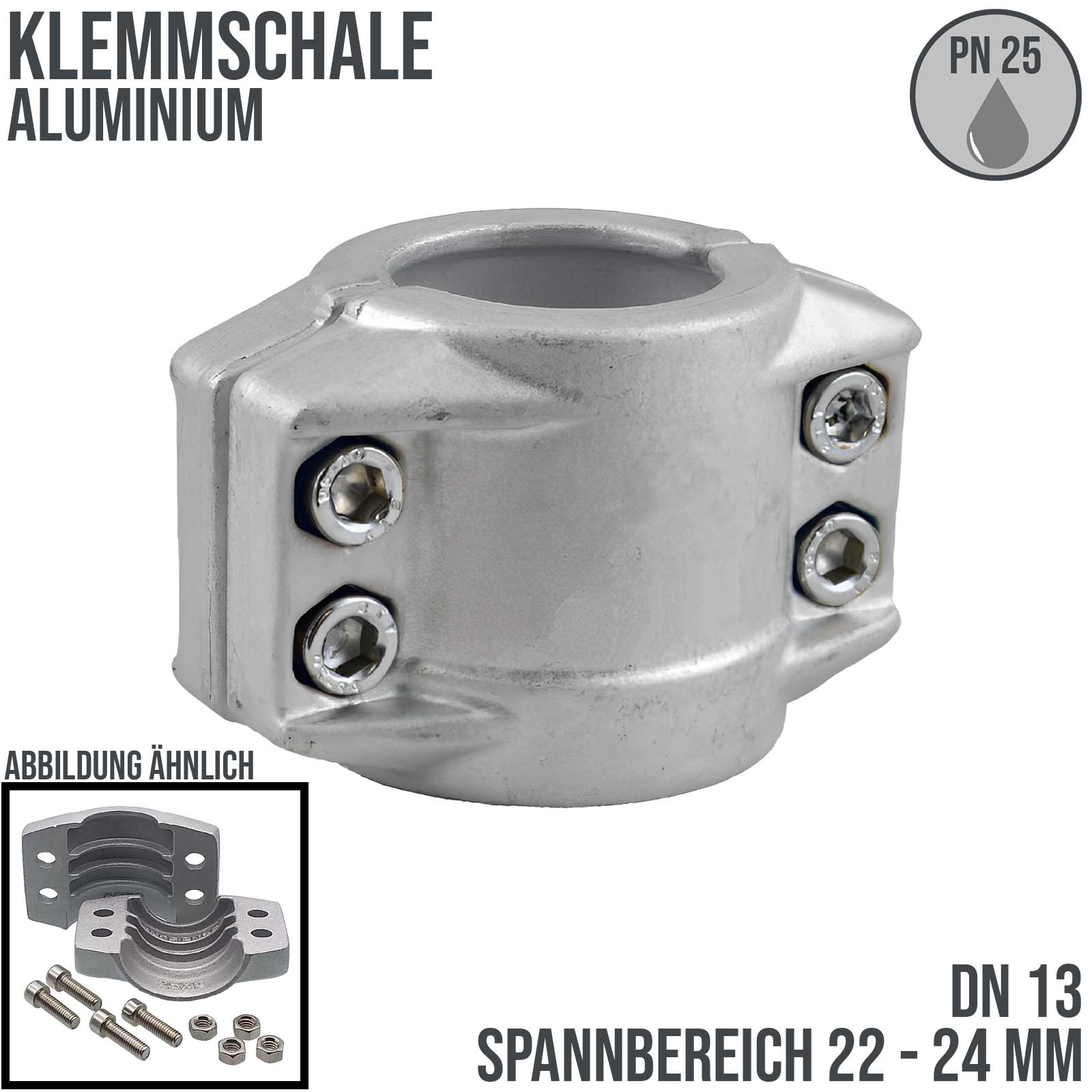 DN 13 Klemmschale Aluminium Spannbereich 22 - 24 mm für Schlauch ID x AD 13 x 23 mm - PN 25 bar
