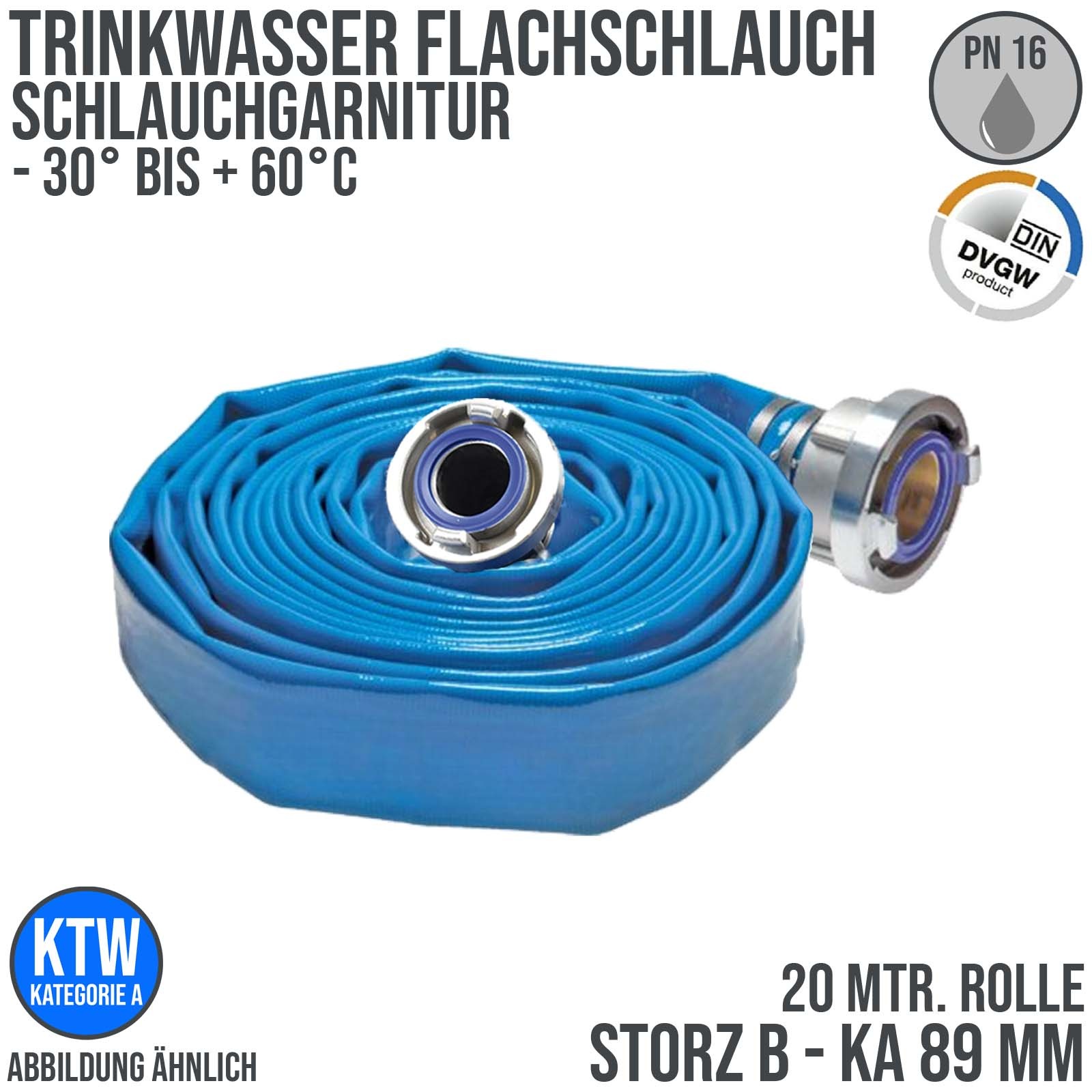STORZ B KA 89 75 mm 3" Trinkwasser Flach Schlauch DVGW KTW Garnitur blau PN 10 bar - 20 m