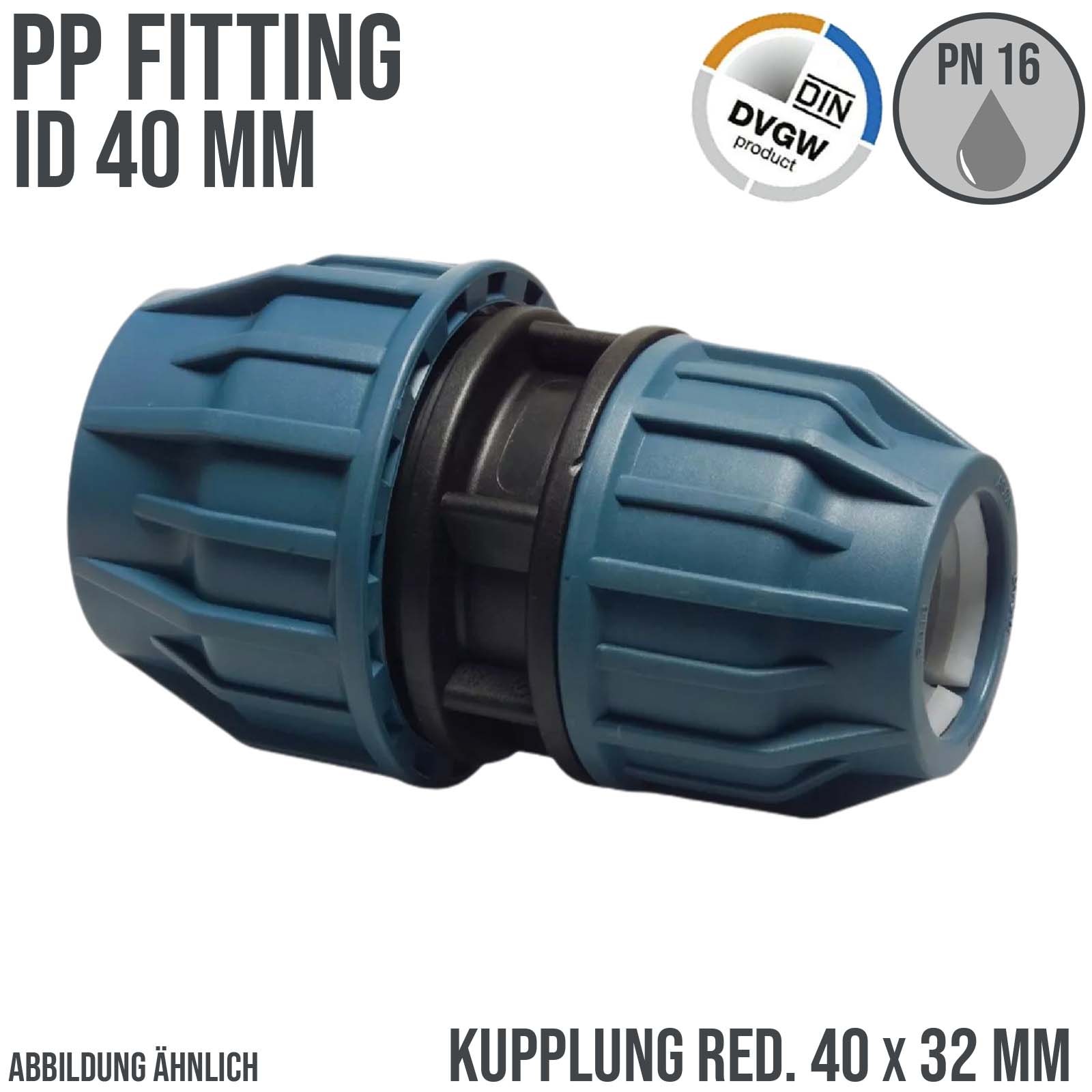 40 x 32 mm PE PP Fitting Klemm Verbinder reduziert Verschraubung Muffe Kupplung DVGW - PN 16 bar