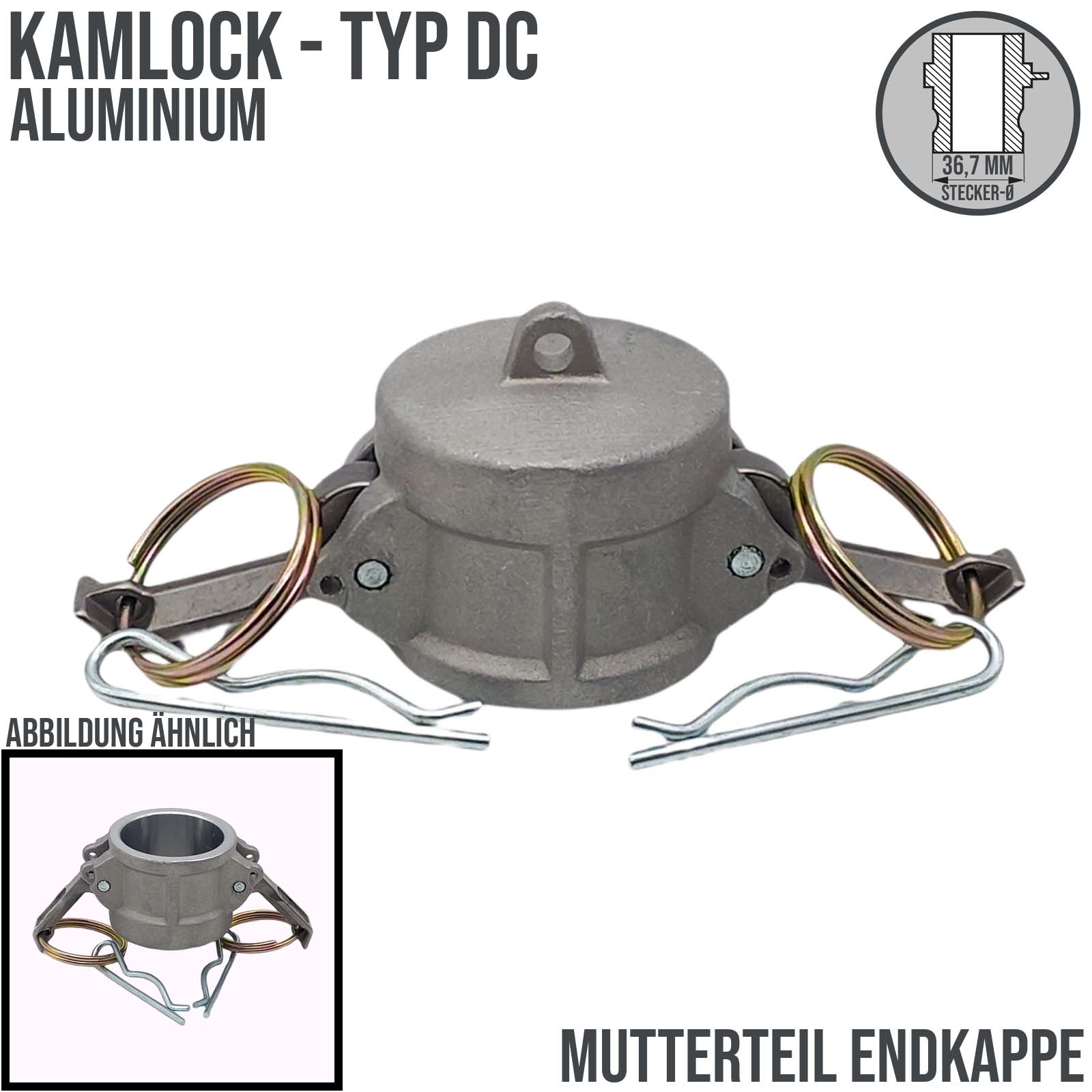 Kamlock Typ DC - End Kappe Aluminium ALU Stopfen Verschluss 36,7 mm 1" Zoll DN25 - PN 17 bar