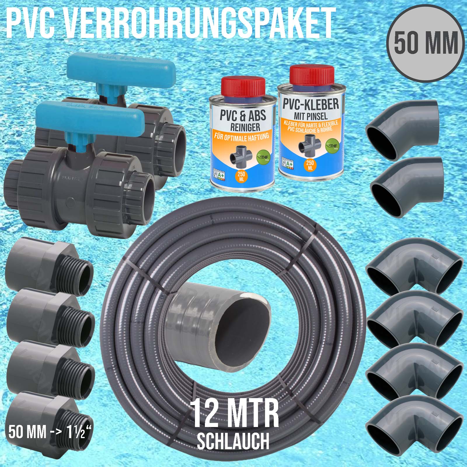 50 mm PVC Klebe Fittings Verrohrungspaket Pool Schwimmbad Schlauch FLEX (1 1/2") - 12 m - blau