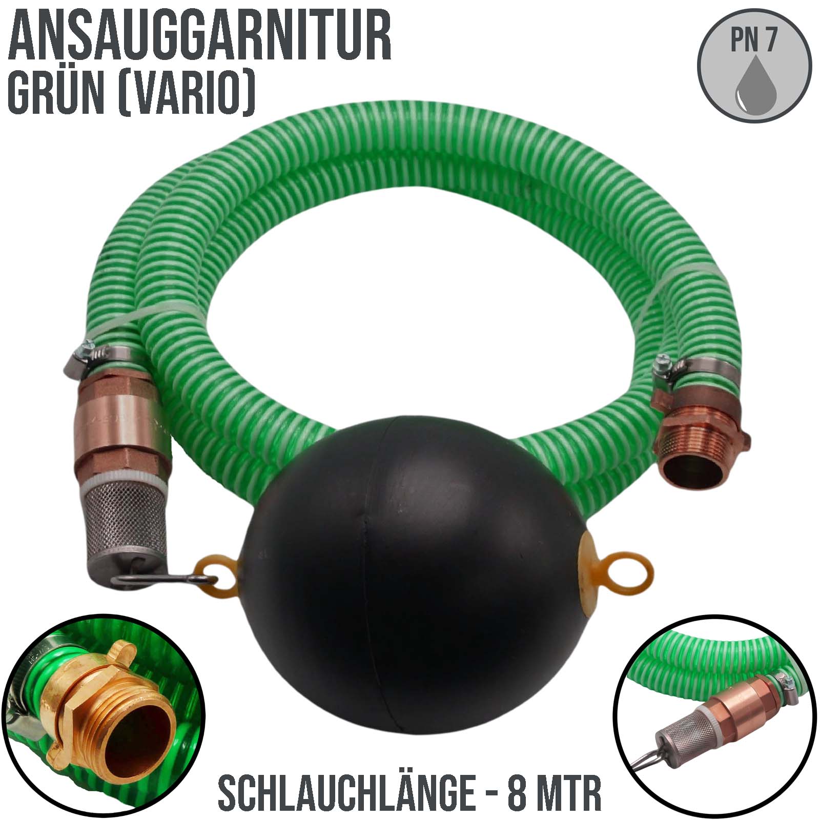 32 mm 1 1/4" Zoll Ansaug Saug Schlauch Pumpen Garnitur vario schwimmende Entnahme grün - 8 m