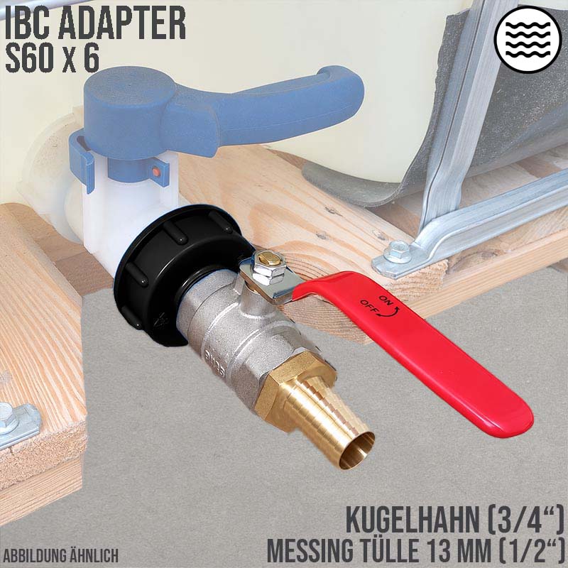 S60 x 6 IBC 3/4" Kugel Hahn Ventil Schlauch Tülle 1/2" 13 mm Messing Container Tank Zubehör