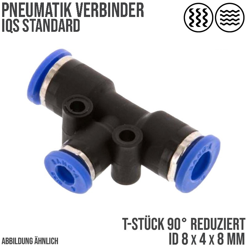 8 -> 4 mm Pneumatik Steck Verbinder IQS T-Stück 90° reduziert blau/schwarz PA PU Schlauch - PN 20 bar
