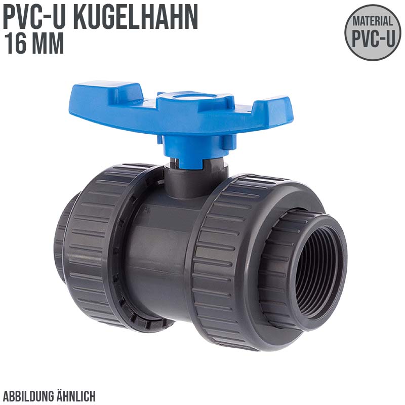 16 mm PVC Kugel Absperr Hahn Ventil beidseitige Klebemuffe Fitting PN 16 bar - blauer Griff