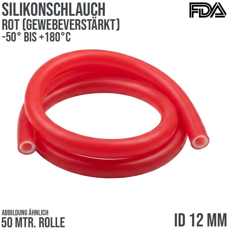 12 x 20 mm Silikon Silicon Schlauch Gewebe rot talkumiert lebensmittelecht FDA PN 6 bar - 50 m