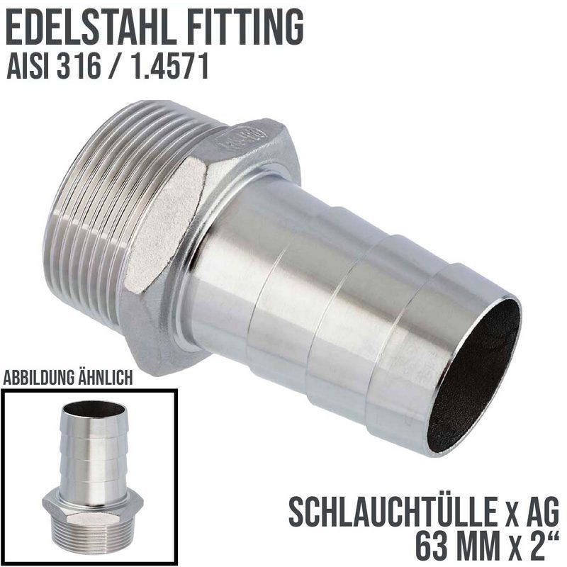 63 mm x 2" Zoll Schlauch Tülle Stutzen Außengewinde AG Nippel Edelstahl AISI 316 VA  Fitting - PN 20 bar