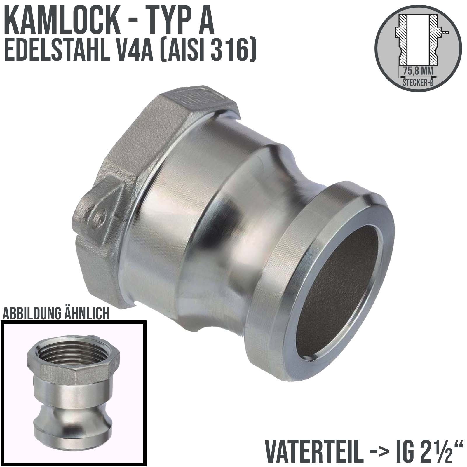 Kamlock Typ A - Vaterteil Edelstahl V2A (AISI 316) - 75,8 mm Stecker mit Innengewinde (IG) 2 1/2" Zoll DN 65 - PN 10 bar
