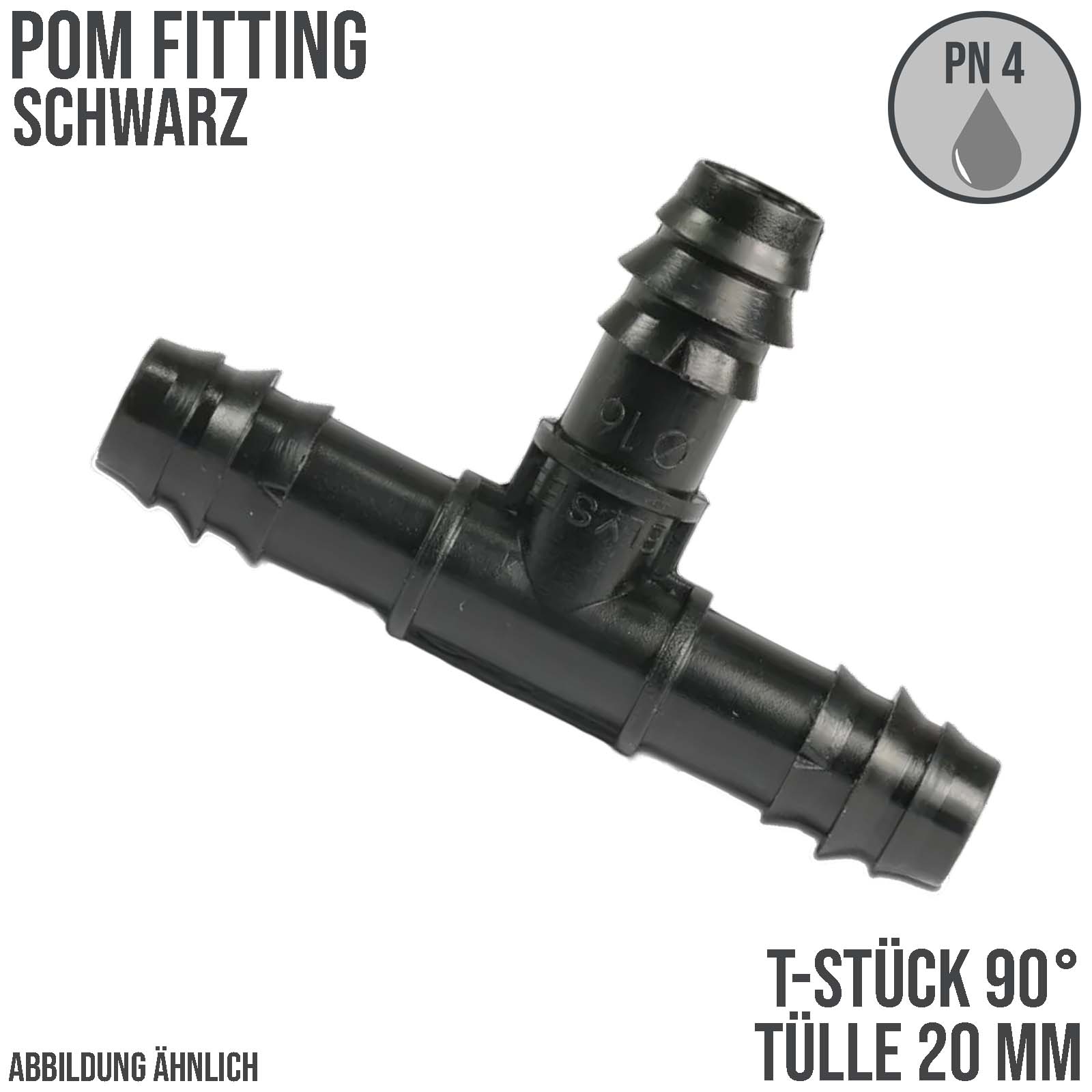 20 mm POM T-Stück 90° Schlauch Verbinder Stutzen Tülle Kupplung Tropf Fitting schwarz PN 4 bar