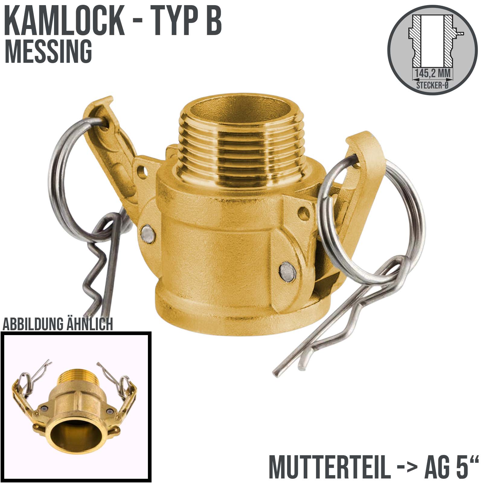 Kamlock Typ B - Mutterteil (145,2 mm) Messing MS mit Außengewinde (AG) 5" Zoll DN125 - PN 5 bar