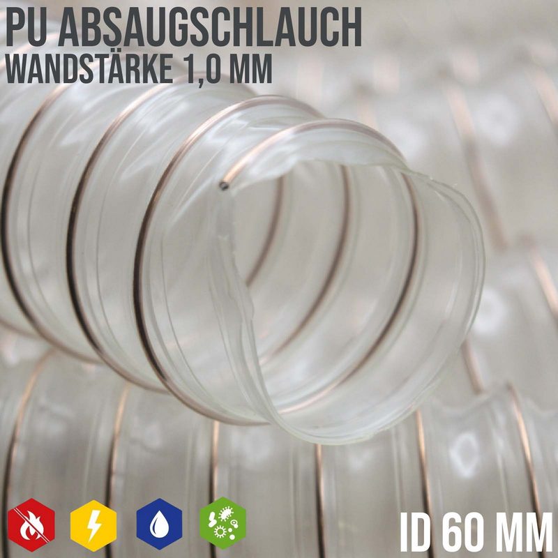 60 mm PU Saug Ansaug Druck Spiral Flex Staub Holz Metall Späne Schlauch Anlage - Wandstärke 1,0 mm - PN 1,27 bar