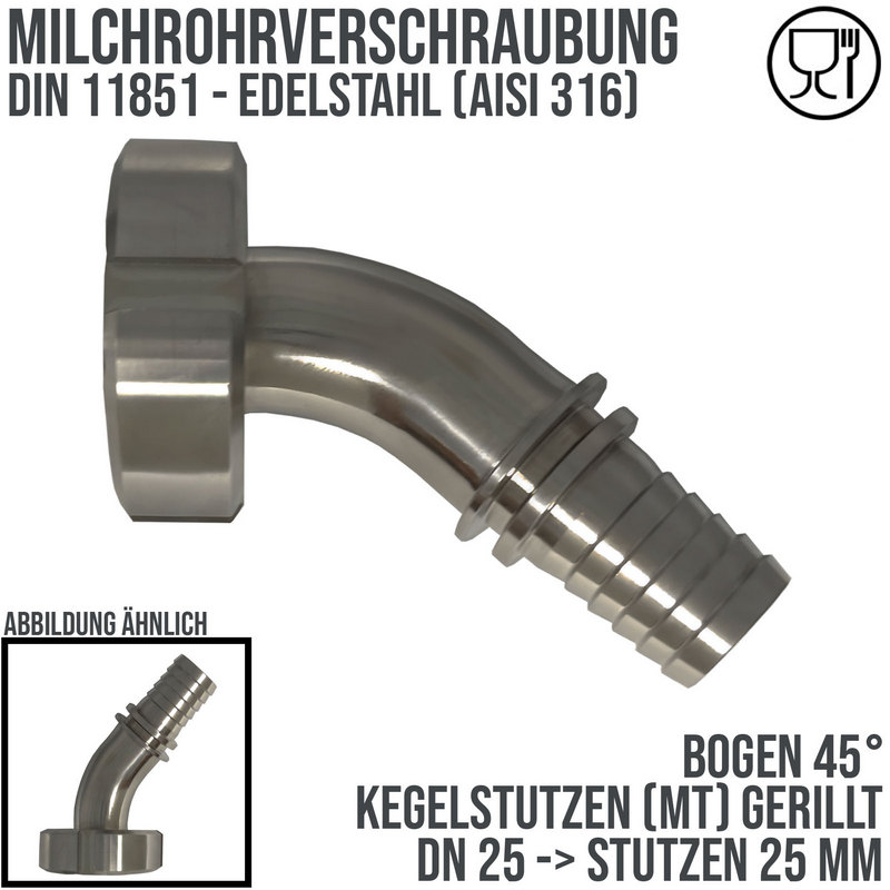 DN 25 Milchrohr Verschraubung DIN 11851 Mutterteil 45° Bogen Kegel Stutzen Sicherungsbund - Stutzen gerillt 25 mm - PN 25 bar