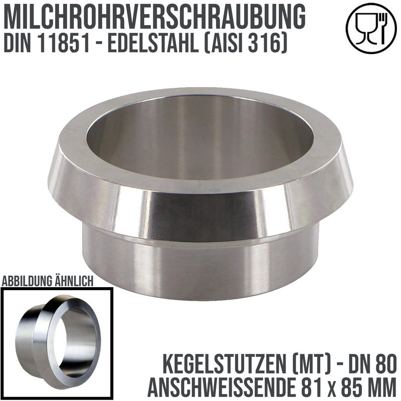 DN 80 Milchrohr Verschraubung DIN 11851 Mutterteil Kegel Stutzen Anschweißende ID x AD 81 x 85 mm - PN 25 bar