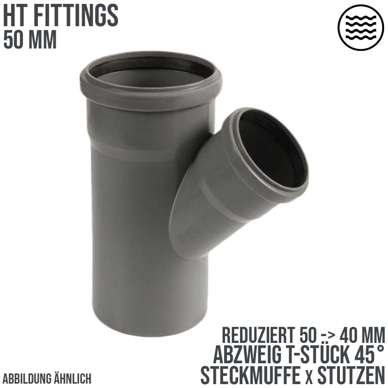 50 x 40 mm PP T-Stück 45° Abzweig Abfluß Abwasser HT KG Rohr Steckmuffe x Stutzen grau