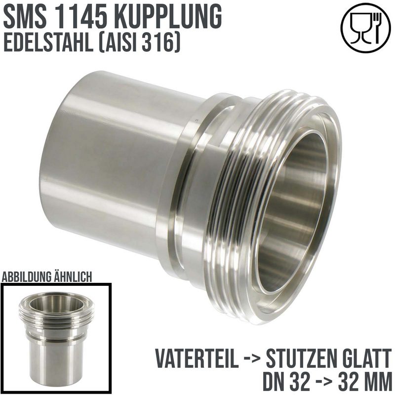 DN 32 SMS Kupplung 1145 Vaterteil VT Außengewinde Sicherungsbund - Stutzen glatt 32 mm - PN 25 bar