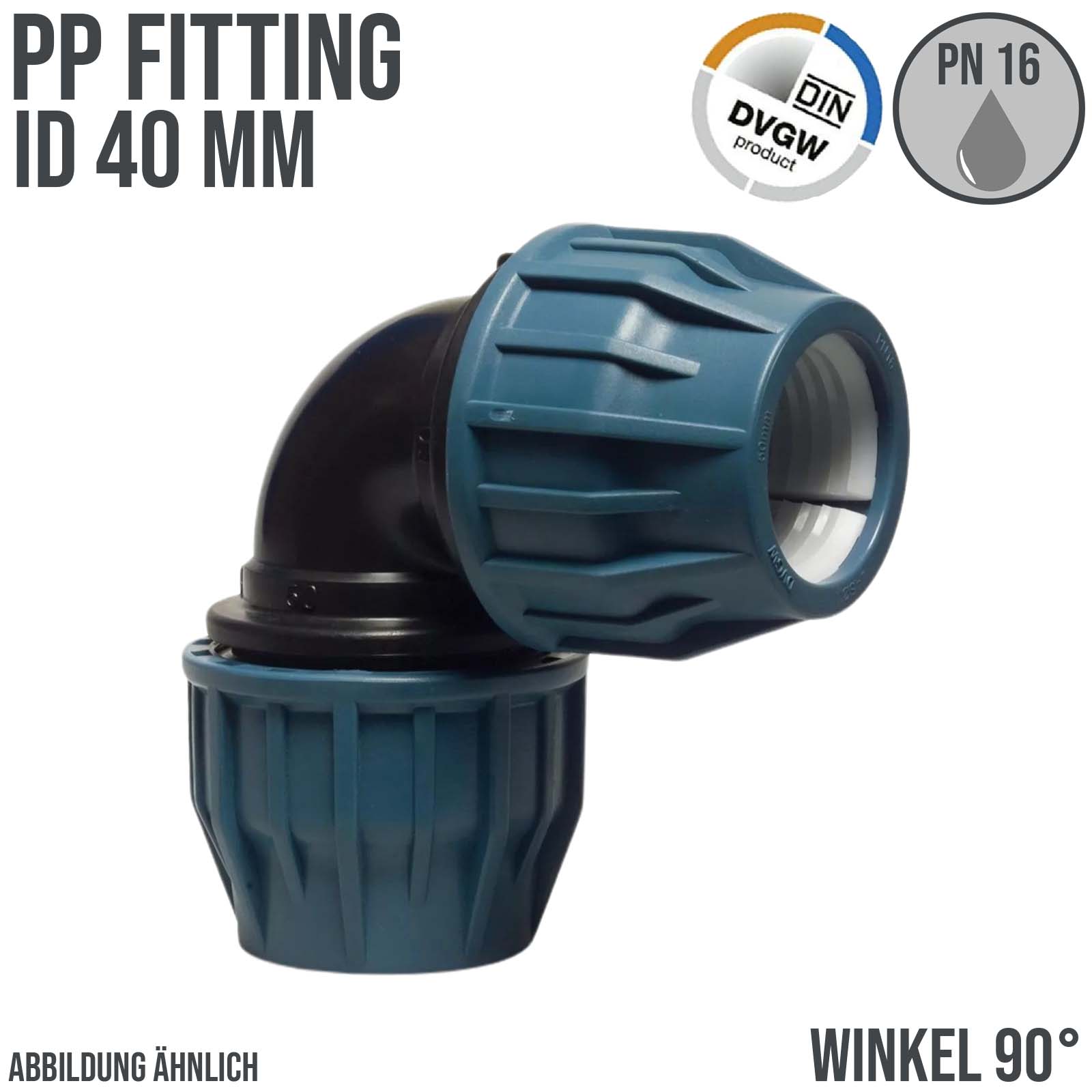 40 mm PE PP Fitting Klemm Verbinder Verschraubung Muffe Rohr Winkel 90° DVGW - PN 16 bar