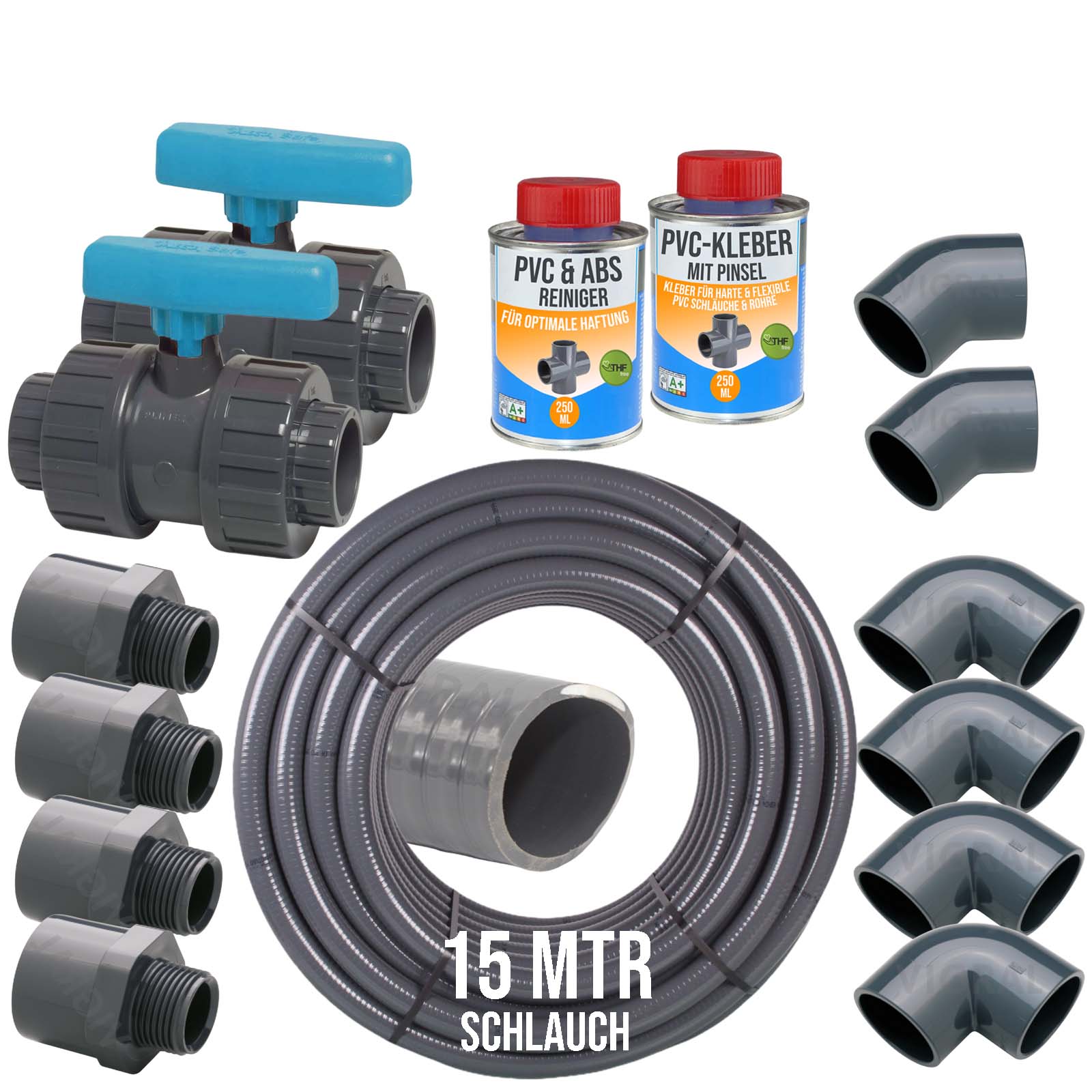 50 mm PVC Klebe Fittings Verrohrungspaket Pool Schwimmbad Schlauch FLEX (1 1/4") - 15 m - blau