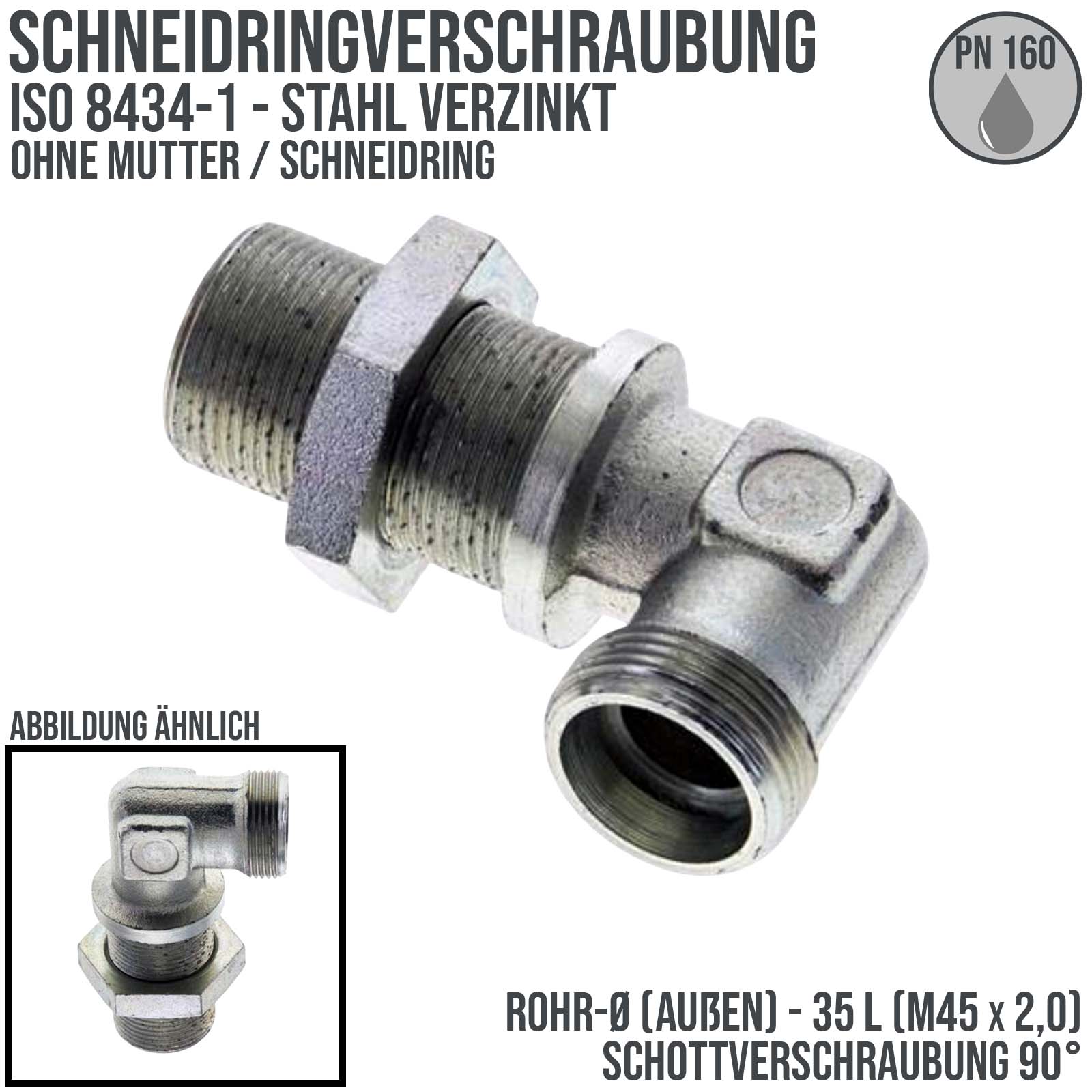 35 L Schneidring Winkel 90° Schott Verschraubung (M 45 x2,0) AG ohne Mutter / Schneidring - PN 160 bar