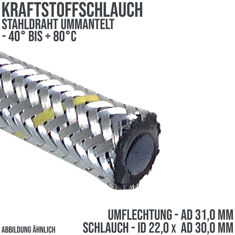 22,0 x 30,0 mm Kraftstoff Silber Benzin Öl Schlauch Stahl Draht Umflechtung NBR - PN 12 bar
