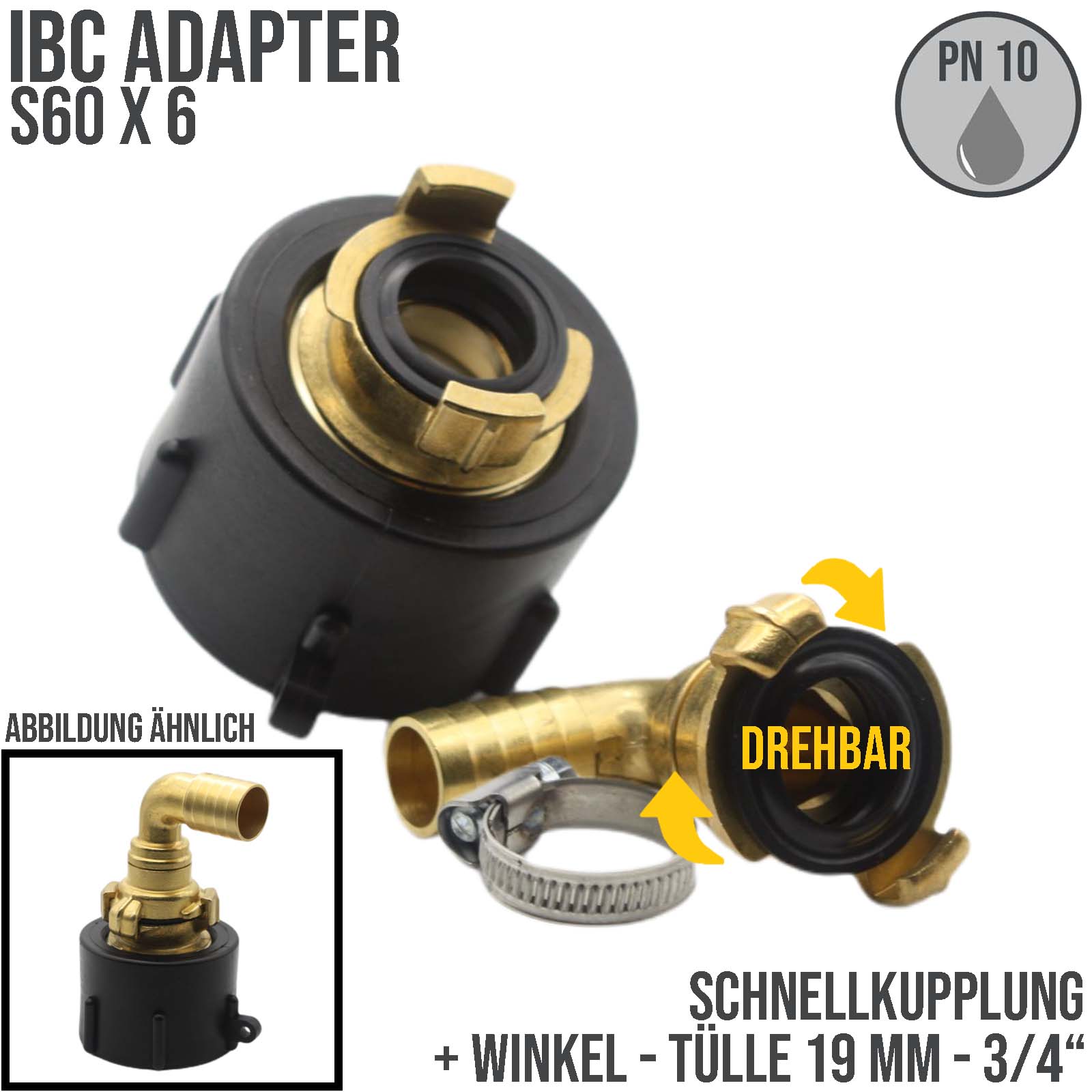 S60 x 6 IBC Adapter auf Schnellanschluss + 90° Kupplung drehbar 3/4" 19mm Container Tank Zubehör (GEKA kompatibel) 