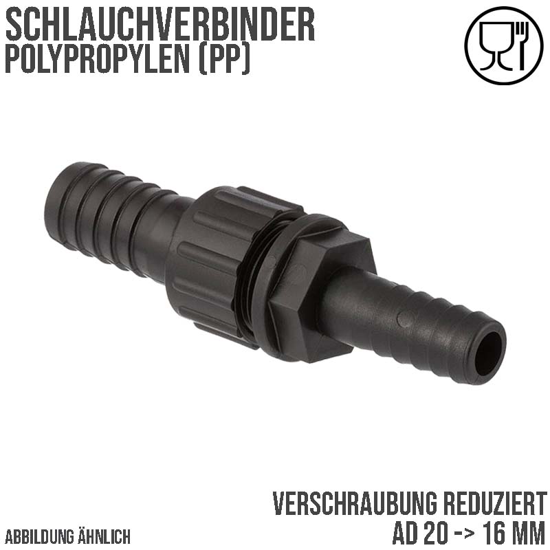 20 x 16 mm Schlauch Verschraubung reduziert 2-fach Stutzen Tülle Pool Teich Garten PP schwarz - PN 6 bar