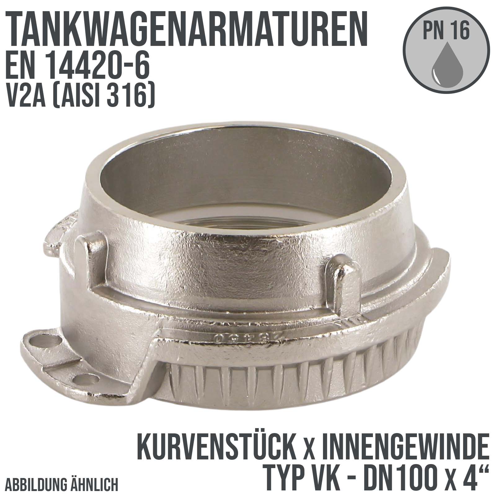 DN100 x 2" Zoll Tankwagen Kurvenstück Typ VK mit Innengewinde V2A (AISI 316) - PN 16 bar