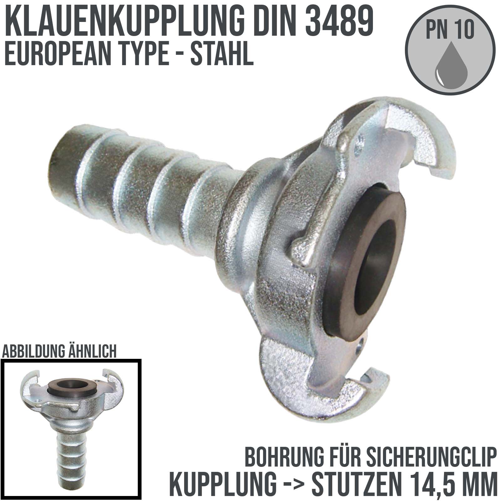 1/2" Klauen Kupplung Stahl European Type Abstand 42 mm Bohrung Schlauch Stutzen Tülle 14,5 mm Bohrung - PN 10 bar