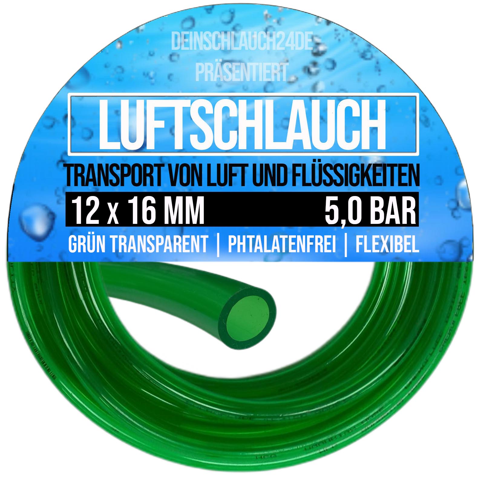 12 x 16 mm PVC Luft Filter Wasser Universal Labor Aquarium Terrarium Schlauch grün transparent - PN 5 bar