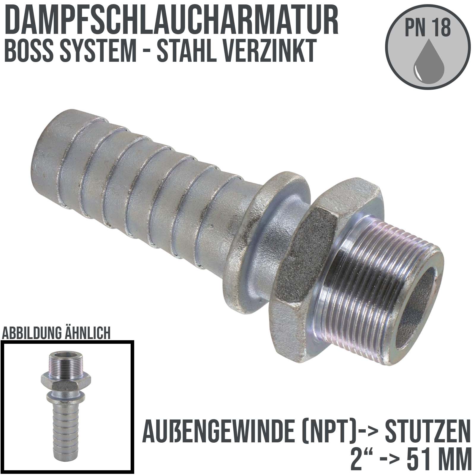 2" BOSS Dampfschlaucharmatur Außengewinde NPT Sicherungsbund Stahl verzinkt Stutzen Tülle 51 mm - PN 18 bar