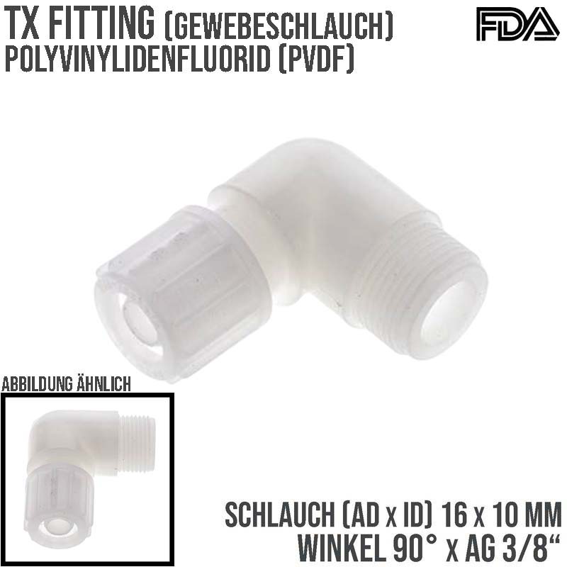 16 x 10 mm x 3/8" Winkel 90° Außengewinde TX Fitting Gewebe Schlauch Verbinder FDA PVDF weiß - PN 10 bar