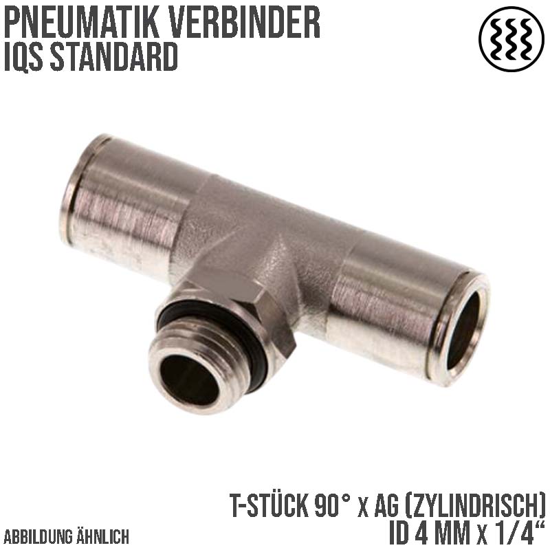 4 mm x 1/4" Pneumatik Steck Verbinder T-Stück 90° IQS MSV Messing Außengewinde zylindrisch - PN 16 bar