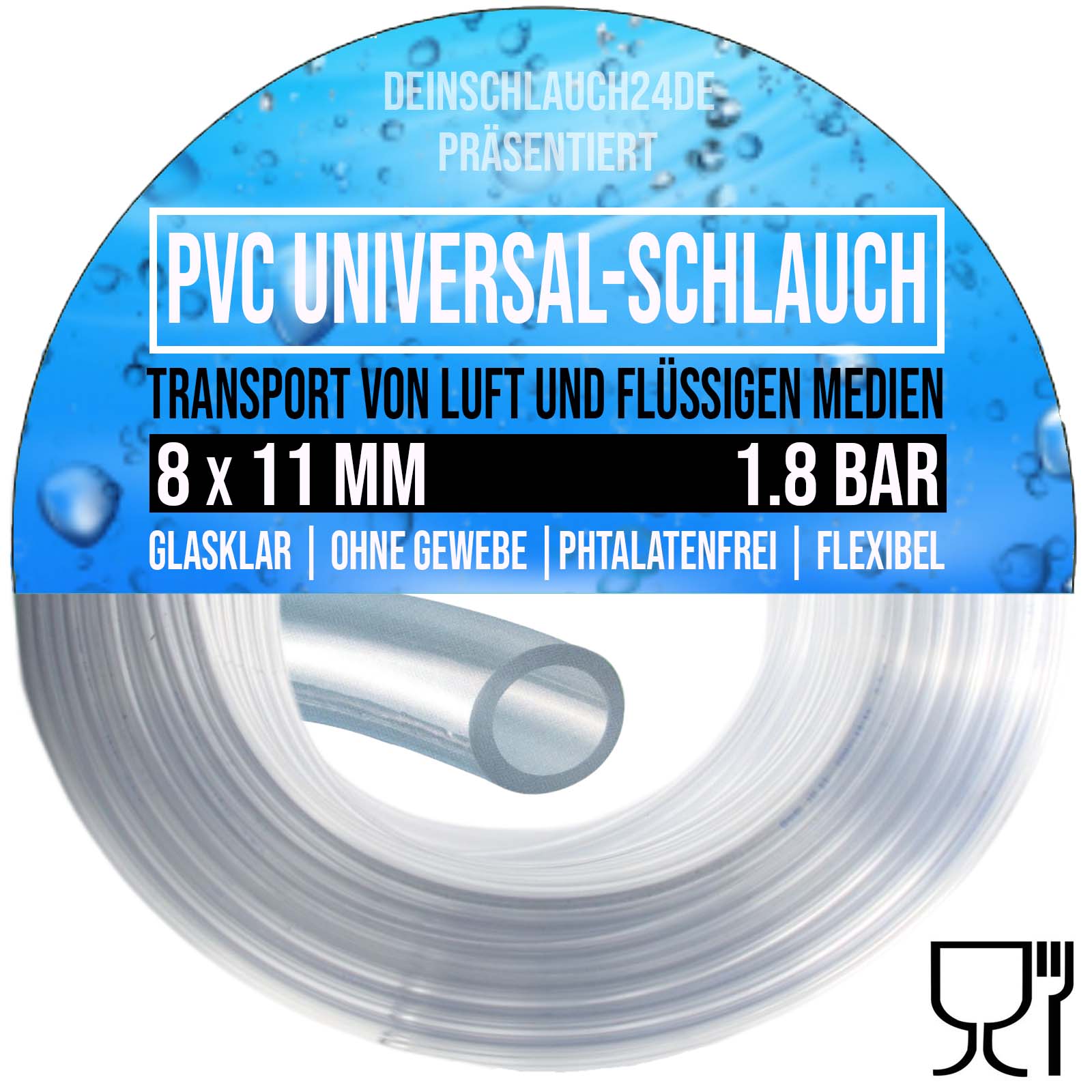 8 x 11 mm PVC Luft Filter Wasser Universal Labor Aquarium Terrarium Schlauch klar durchsichtig - PN 1,8 bar