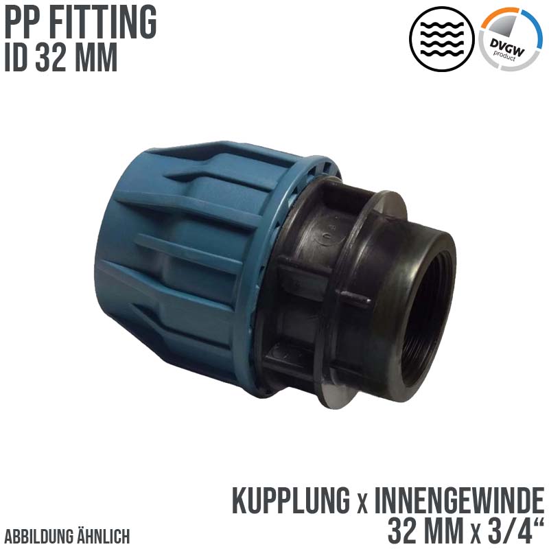 32 mm x 3/4" PE PP Fitting Klemm Verbinder Verschraubung Muffe Rohr Kupplung x IG DVGW - PN 16 bar