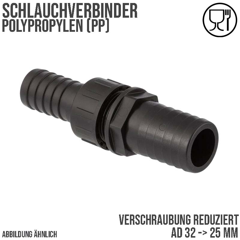 32 x 25 mm Schlauch Verschraubung reduziert 2-fach Stutzen Tülle Pool Teich Garten PP schwarz - PN 6 bar
