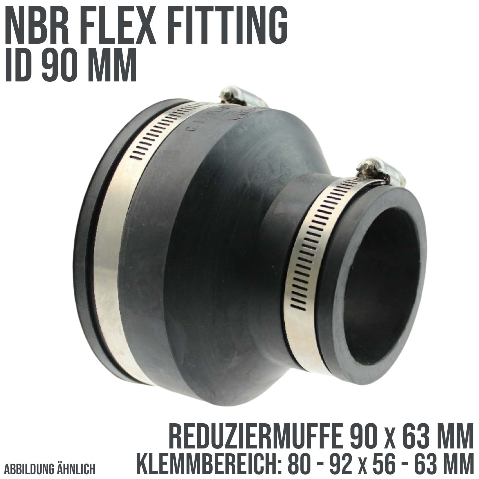 90 mm NBR Flex Fitting Reduziermuffe 90 x 63 mm Verbinder Reparatur (Klemmbereich 80-92 -> 56-63 mm)