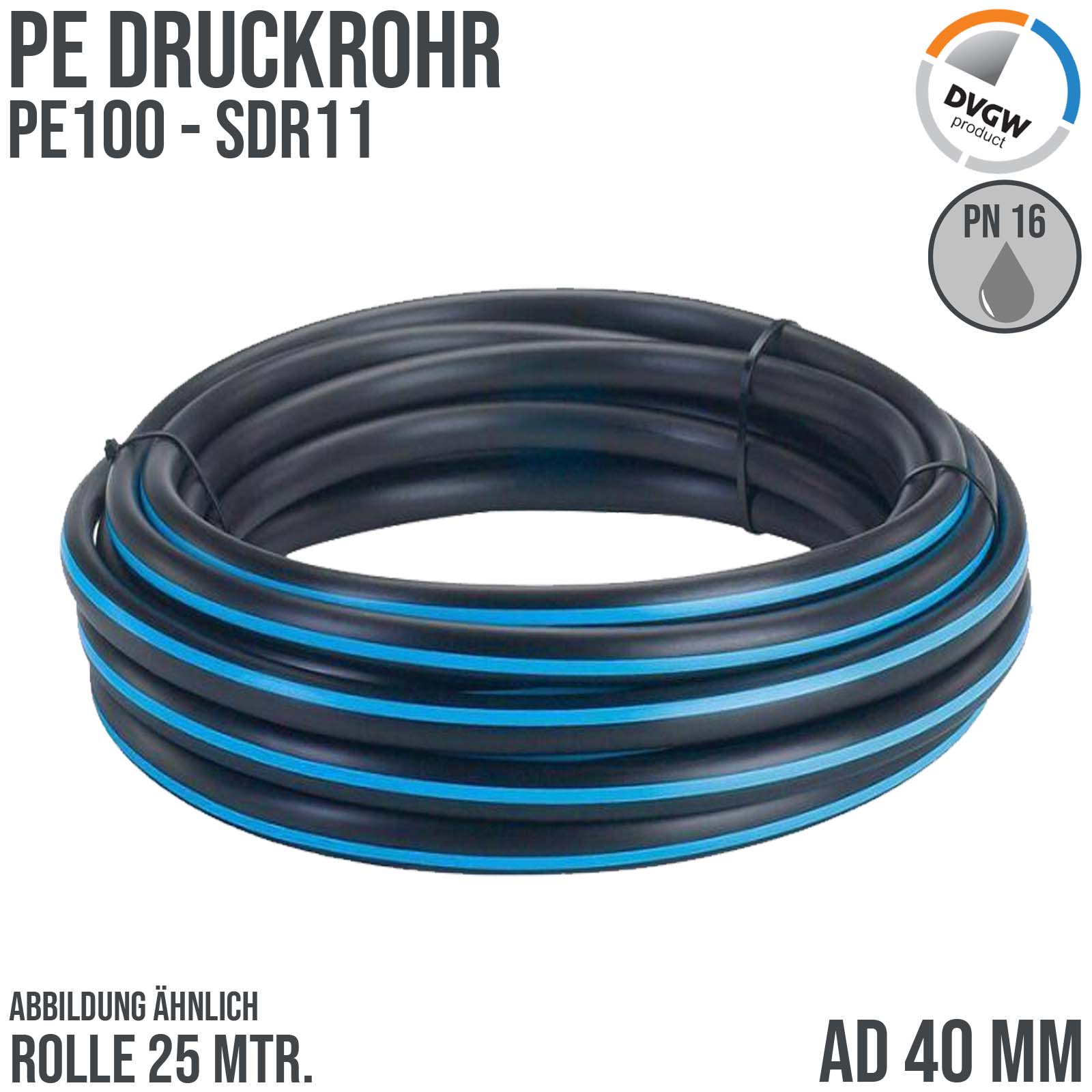 40 x 3,7 mm PE PP Rohr HD Druckrohr Trink Brauch Wasser PE 100 DVGW SDR 11 PN 12,5 bar - 25 m Rolle