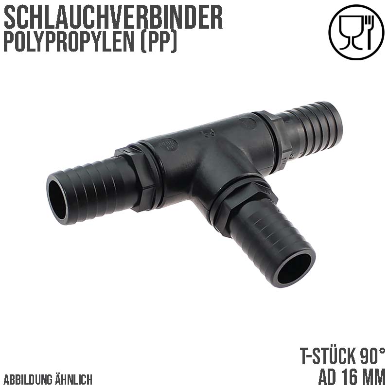 16 mm T-Stück 90° PP Schlauch Verbinder 3-fach Stutzen Tülle Pool Teich Garten schwarz - PN 6 bar