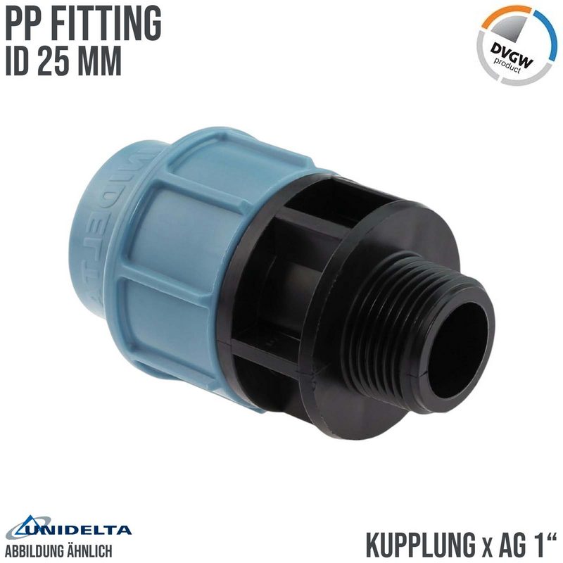 25 mm x 1" PE PP Fitting Klemm Verbinder Verschraubung Muffe Rohr Kupplung x AG DVGW - Unidelta