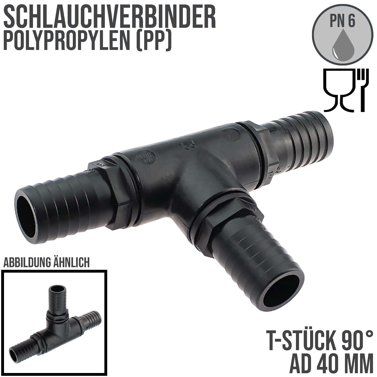 40 mm T-Stück 90° Schlauch Verbinder 3-fach Stutzen Tülle Pool Teich Garten schwarz - PN 6 bar