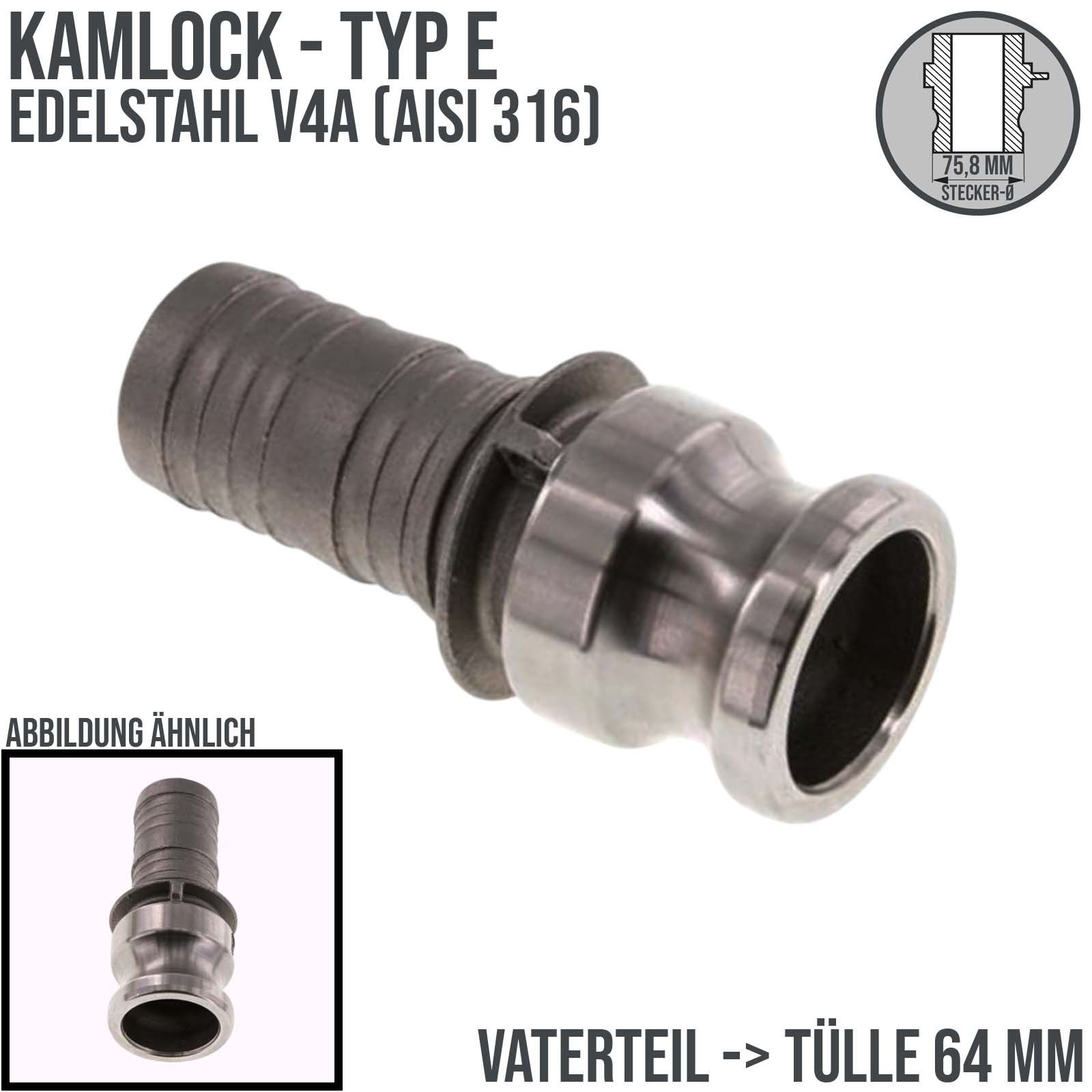 Kamlock Typ E - Vaterteil Edelstahl V4A (AISI 316) - 75,8 mm Stecker  -> Tülle 64 mm 2 1/2" Zoll DN63 DN65 - PN 10 bar