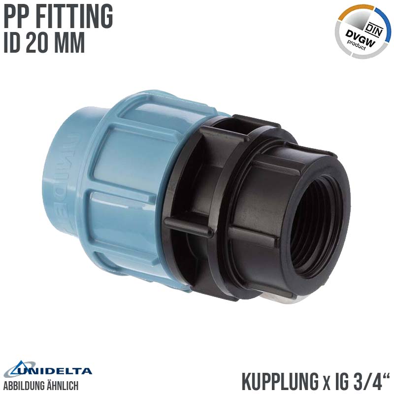20 mm x 3/4" PE PP Fitting Klemm Verbinder Verschraubung Muffe Rohr Kupplung x IG DVGW - Unidelta