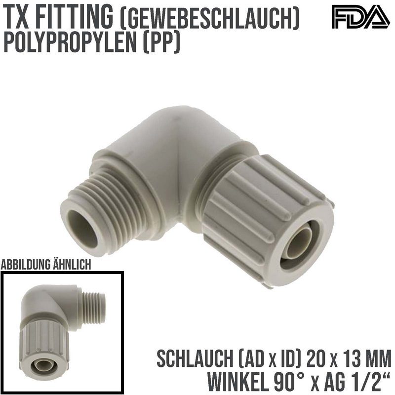 20 x 13 mm x 1/2" Winkel 90° Außengewinde TX Fitting Gewebe Schlauch Verbinder FDA PP beige - PN 10 bar