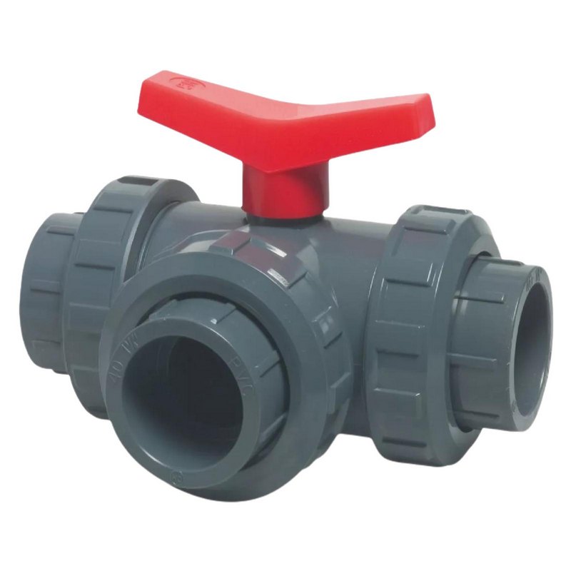 32 mm PVC Kugel Absperr Hahn Ventil L-Bohrung 3-fach Klebemuffe Fitting PN 10 bar - roter Griff